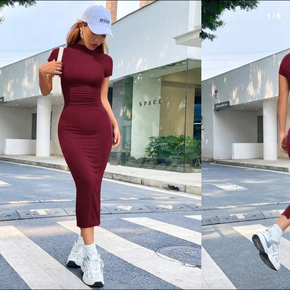 Obsessive Love Women's Rust Midi Ribbed Dress short sleeved